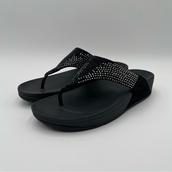 FitFlop Womens Size 9 Flare Suede & Rhinestone Thong Sandals Wedge Comfort - Picture 1 of 12